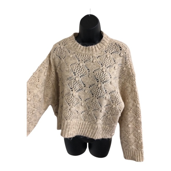 Tan crewneck knotted heirloom farmhouse style fuzzy crochet knit sweater size L - Picture 6 of 17